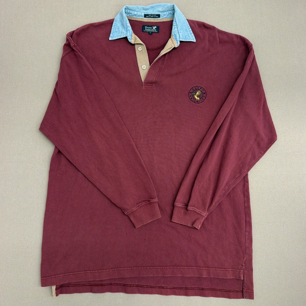 Ducks Unlimited Mens Large Rugby Shirt Long Sleeve Burgundy Denim Collar Cotton